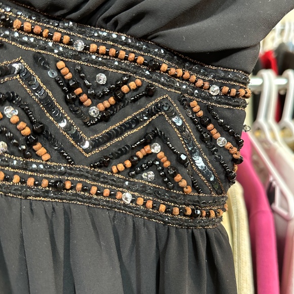 Y2K Black Short Sleeve Flowy Dress Crystal & Beaded Waist Size 12 P2P 20-21” - Picture 3 of 5